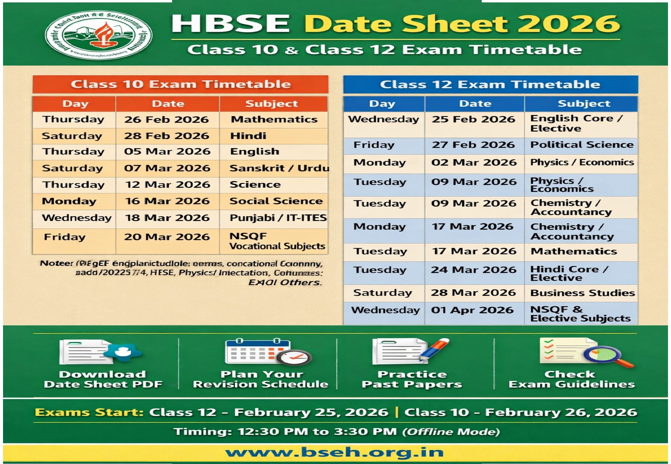 HBSE Date Sheet 2026 Timetable for Class 10 & Class 12 Examinations
