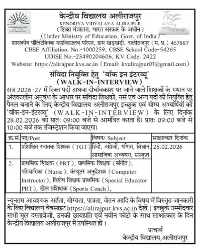 Kendriya Vidyalaya Alirajpur Recruitment 2026