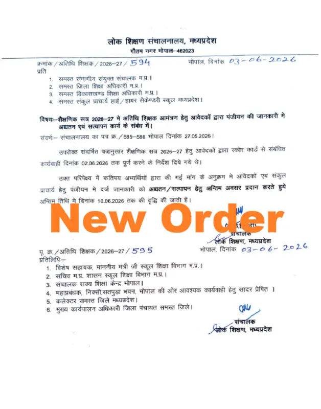 एमपी अतिथि शिक्षक 2026-27: पंजीयन एवं सत्यापन की अंतिम तिथि 10 जून तक बढ़ी