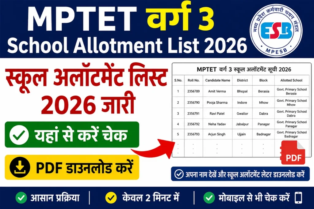 MPTET Varg 3 School Allotment List 2026 जारी
